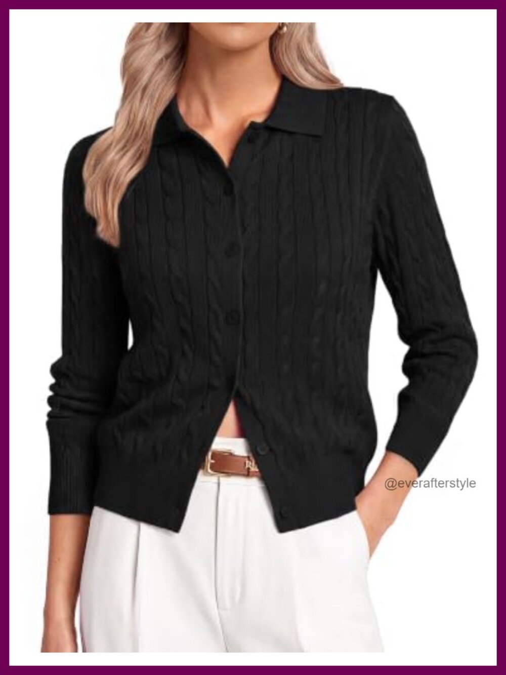 Cable Knit Cardigan Button-Up Collared Long Sleeve Sweater for Women